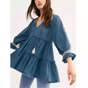 NWT Free People Dreamweaver Tiered Embroidered Boho 3/4 Sleeve Tunic Size XS